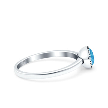 Petite Dainty Lab Opal Ring Solid Round Oxidized Lab Created Blue Opal 925 Sterling Silver